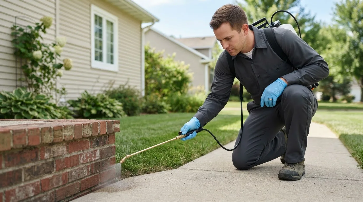 Pest control technician treating a home near Grinnell, IA