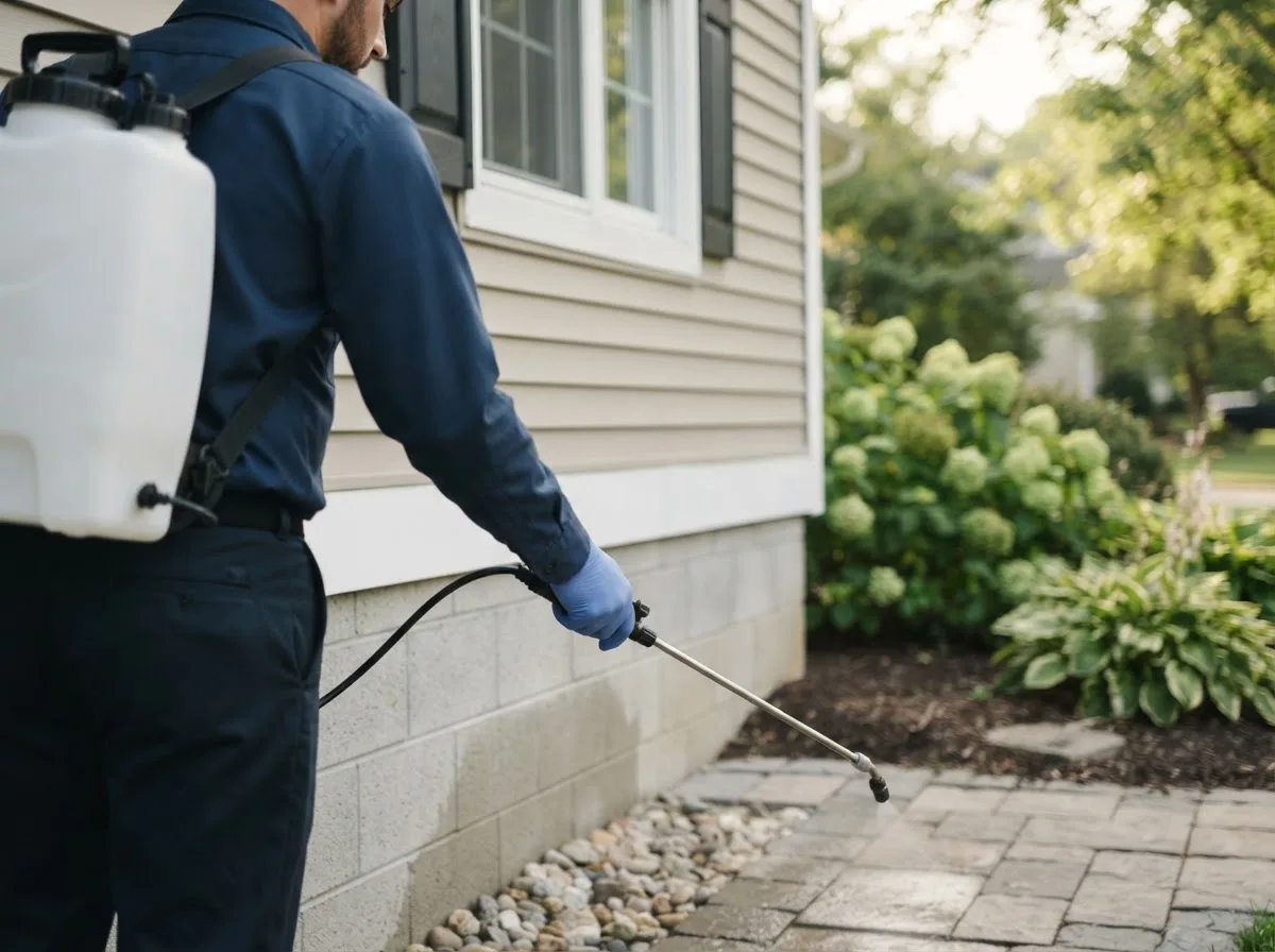 Pest control technician inspecting a home in Grinnell, IA